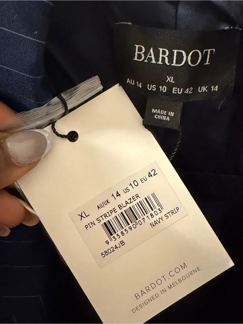 NWT Bardot Oversized Longline Navy Pinstripe Single-Breasted Blazer Sz 10 medium